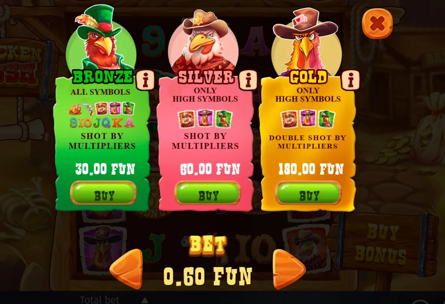 Chicken Rush_Bonus Seçenekleri Bronz, Gümüş ve Altın Paketlerle Kazançları Katlayın