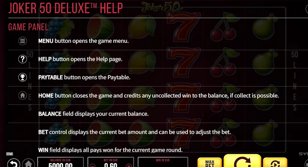 Joker 50 Deluxe game panel